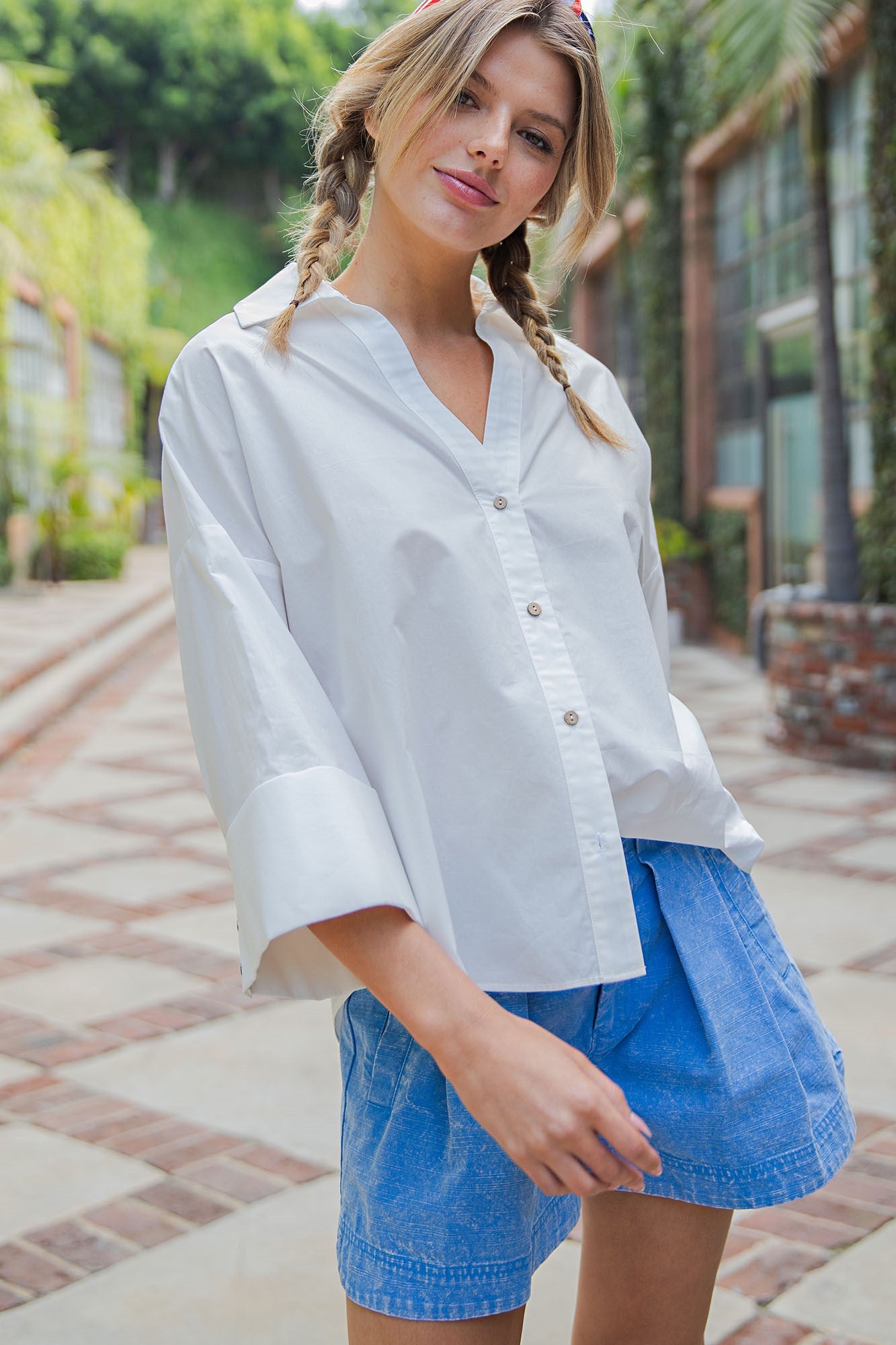 Back pleat button down blouse top