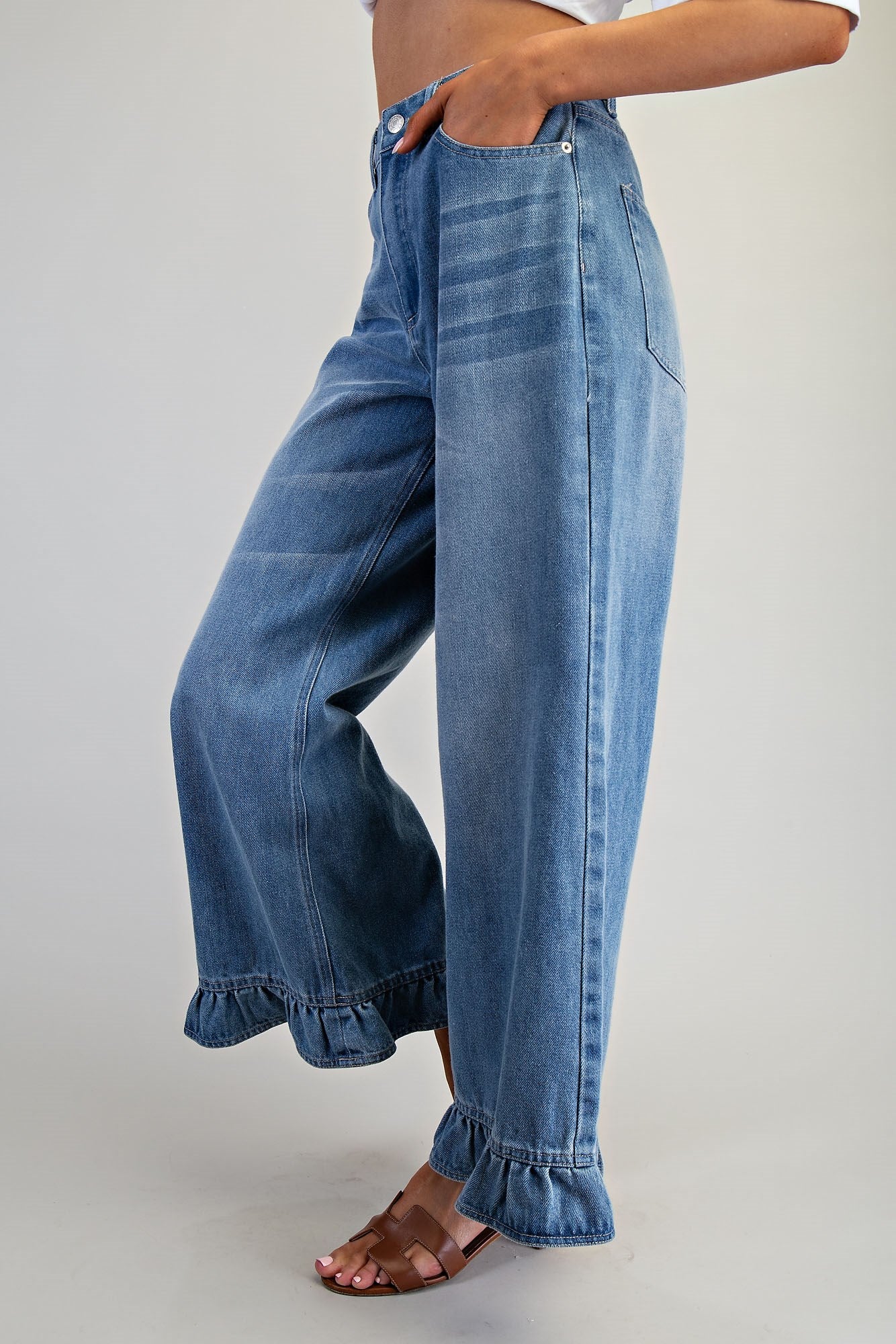 Mineral Washed Ruffle Hem Jeans