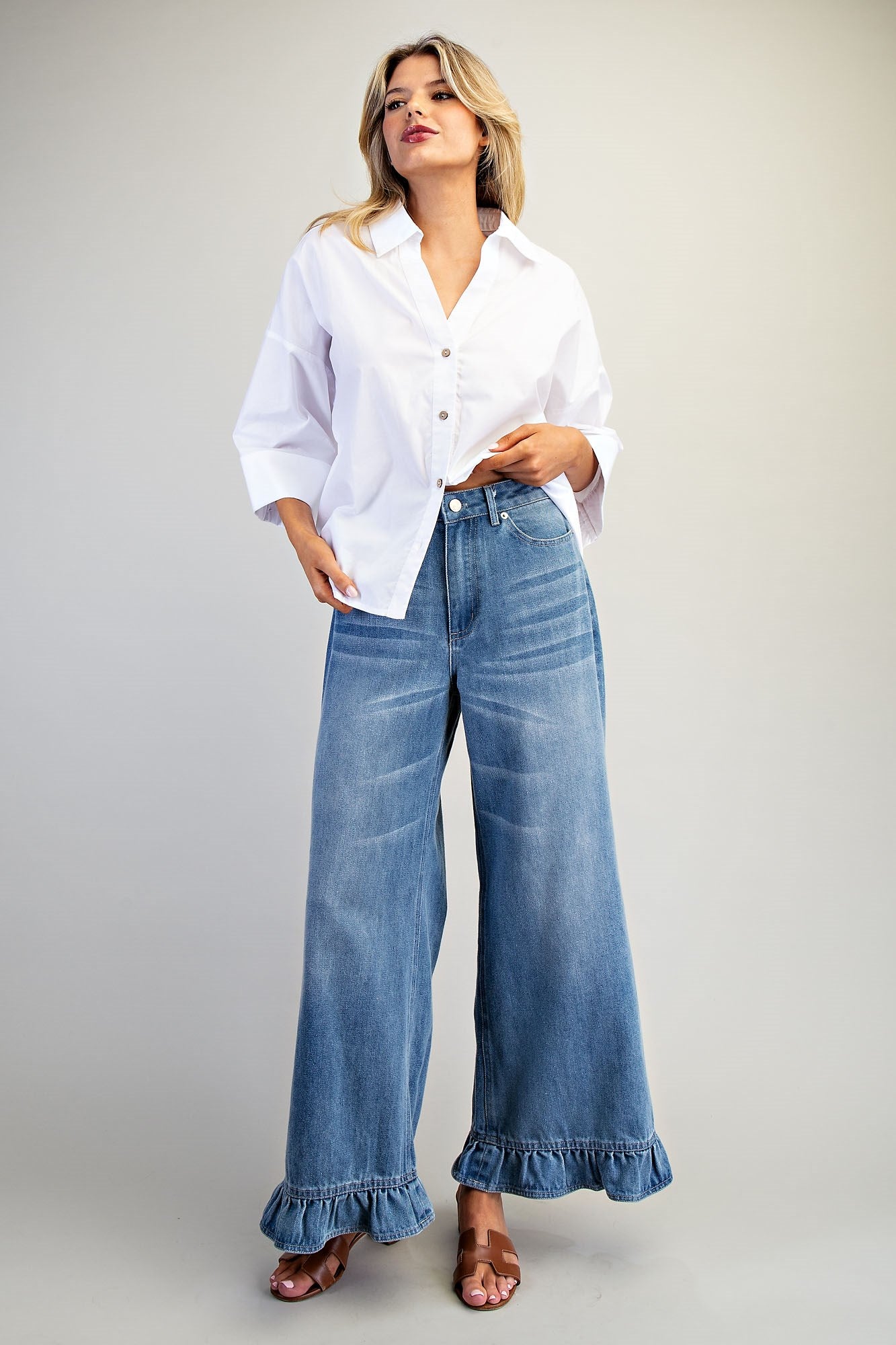 Mineral Washed Ruffle Hem Jeans