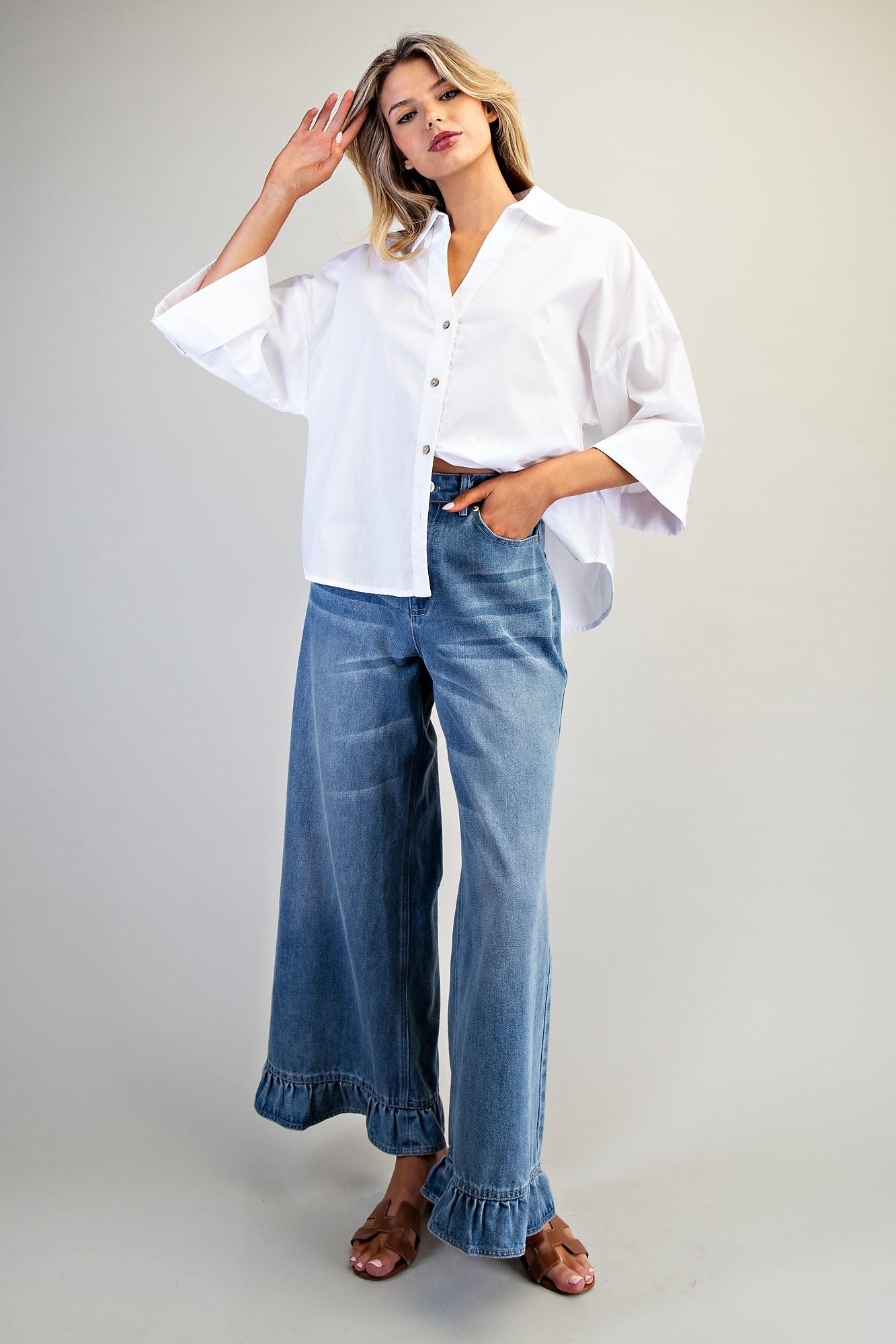 Mineral Washed Ruffle Hem Jeans