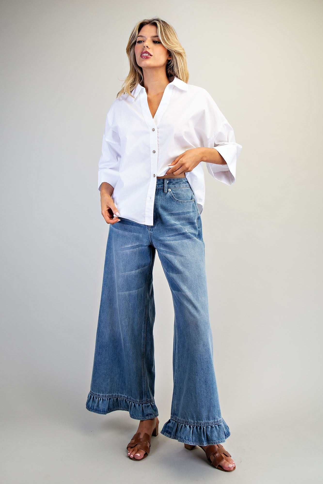 Mineral Washed Ruffle Hem Jeans