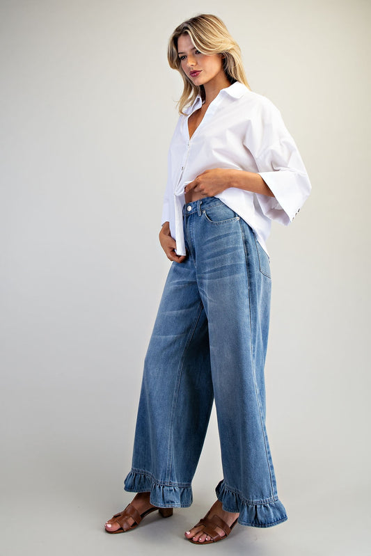 Mineral Washed Ruffle Hem Jeans