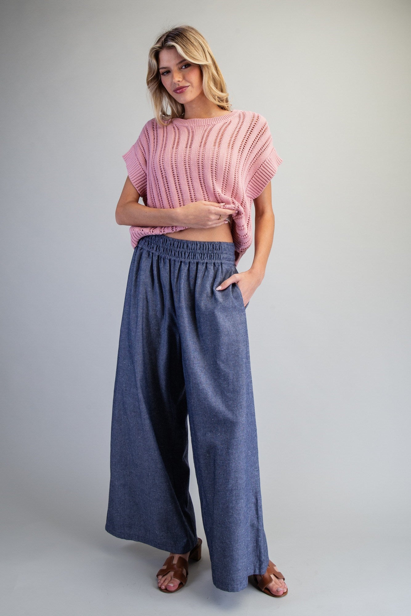 Soft Washed Pinstriped Wide Leg Pants