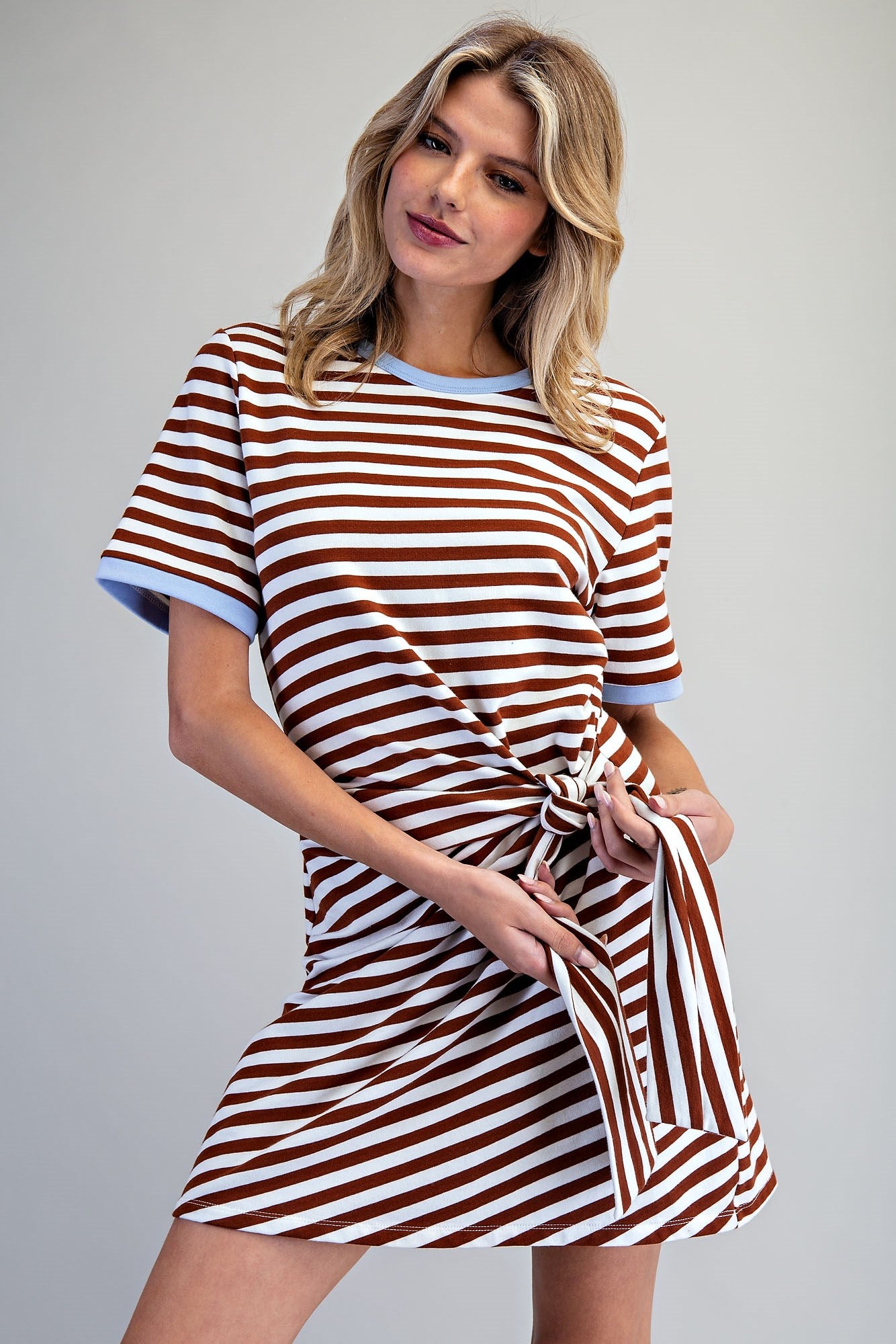 Striped waist tie mini dress