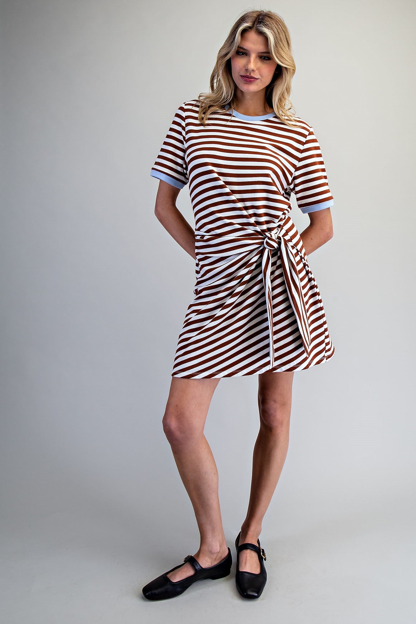 Striped waist tie mini dress