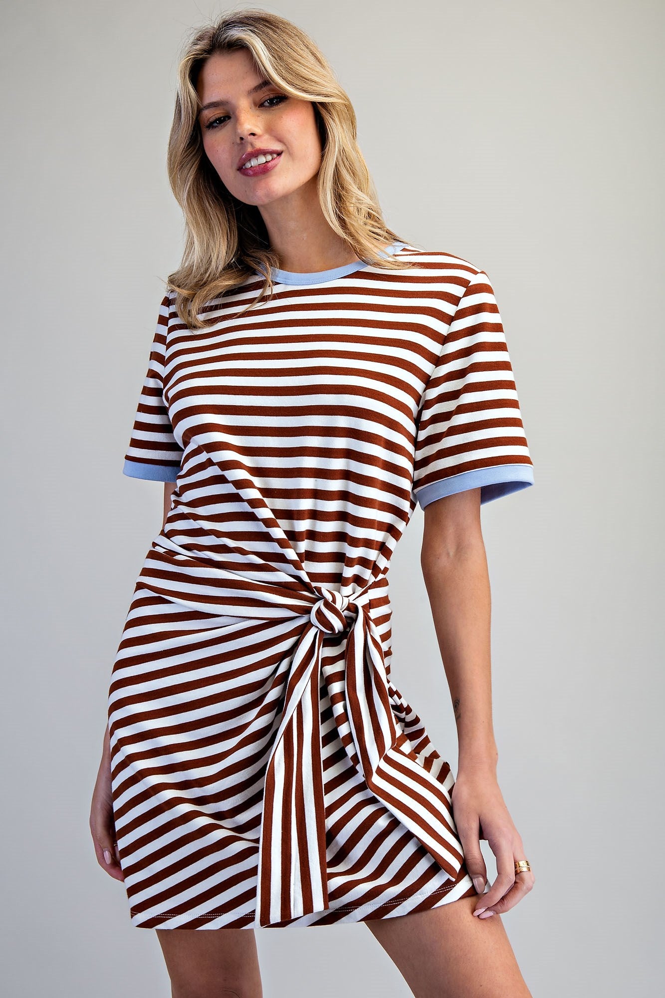 Striped waist tie mini dress