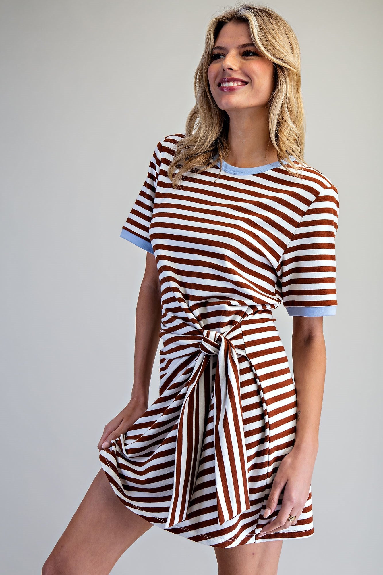 Striped waist tie mini dress