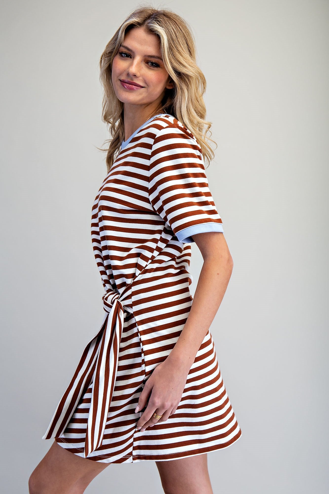 Striped waist tie mini dress