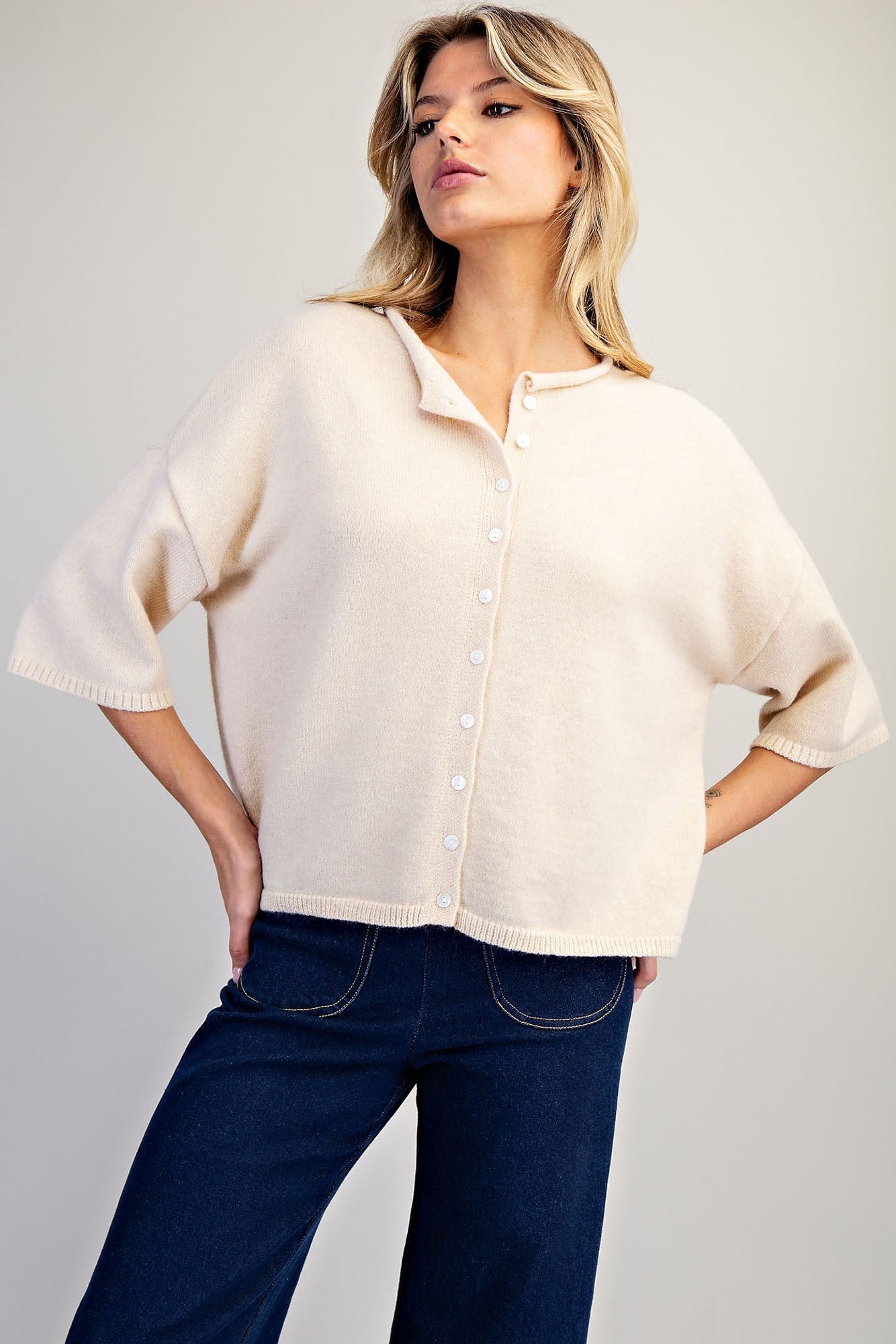 Solid button down half sleeve cardigan