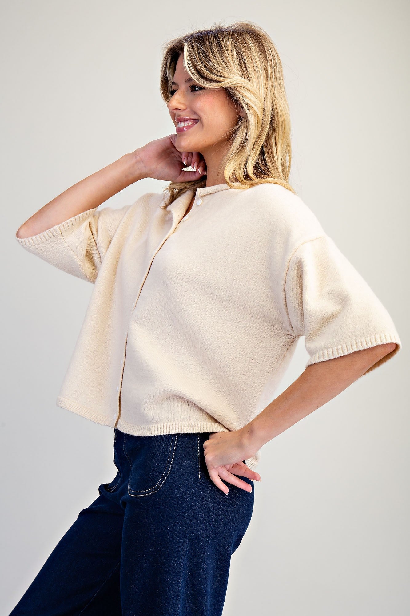 Solid button down half sleeve cardigan