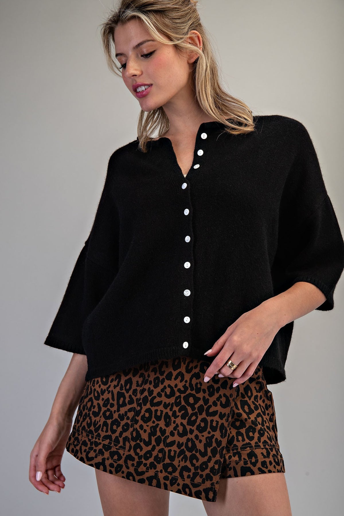 Solid button down half sleeve cardigan
