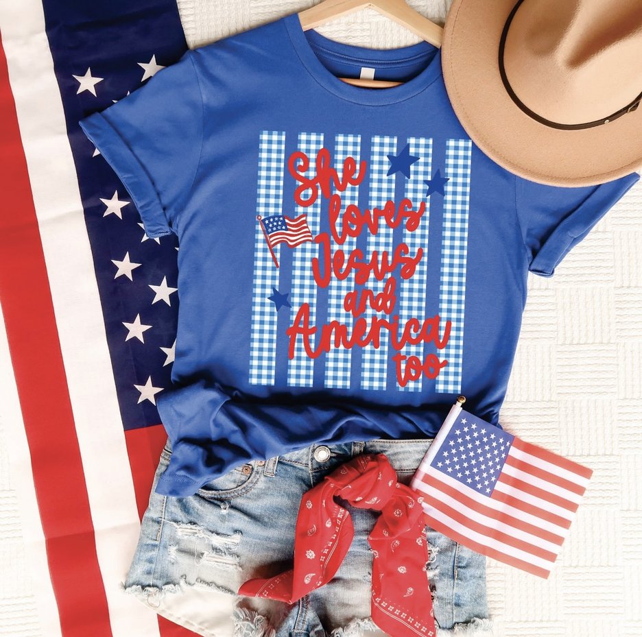 Loves Jesus & America Too Blue Gingham Heather Royal