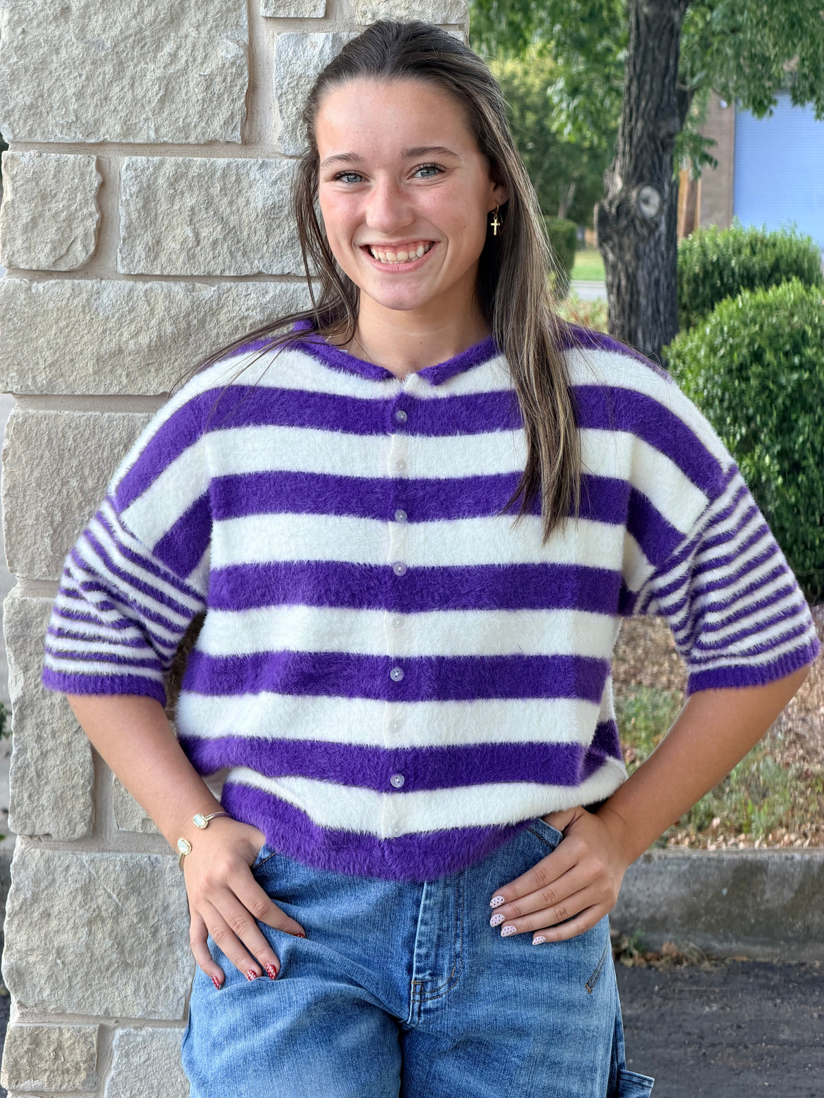 Striped fuzzy short sleeve cardigan top