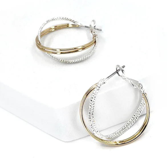 Gold with Silver Rhinestone Interlocking 1" Hoop Earring