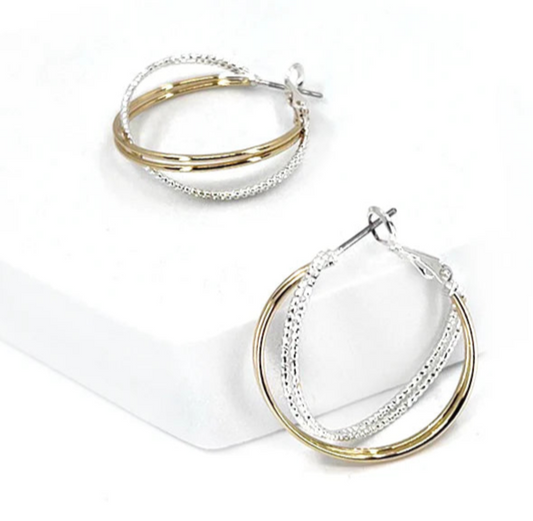 Gold with Silver Rhinestone Interlocking 1" Hoop Earring