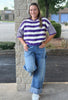 Striped fuzzy short sleeve cardigan top