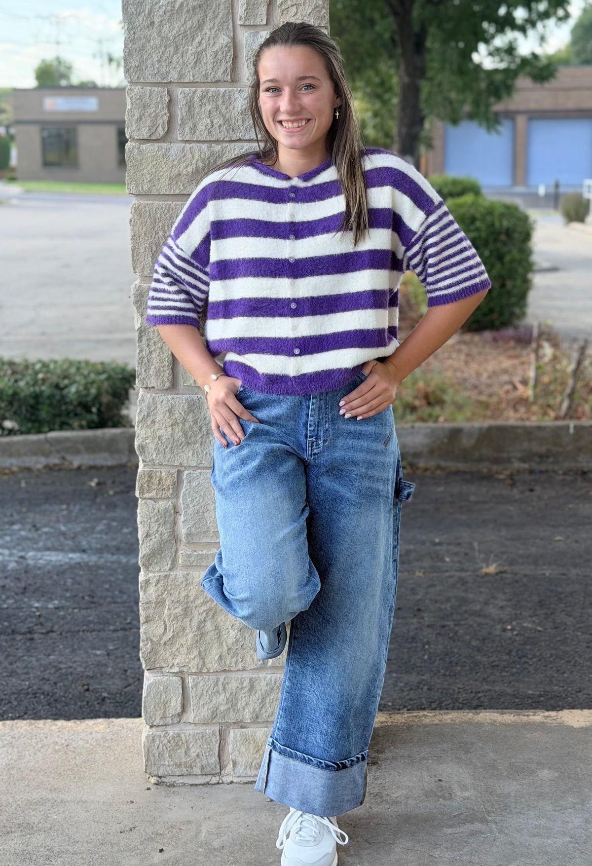Striped fuzzy short sleeve cardigan top