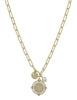 Gold Chain with Two Tone Coin and Pearl Charm 16"-18" Necklace with Gold Stud Earrings