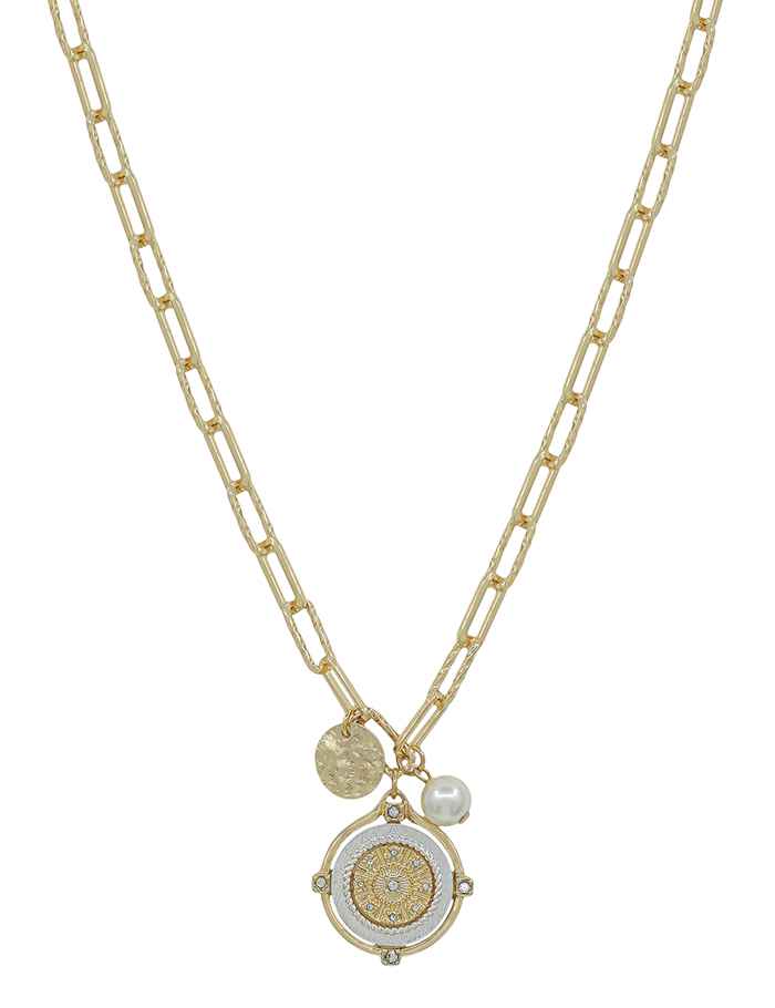 Gold Chain with Two Tone Coin and Pearl Charm 16"-18" Necklace with Gold Stud Earrings