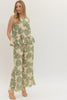 Botanical print sleeveless top featuring ruffle hem detail