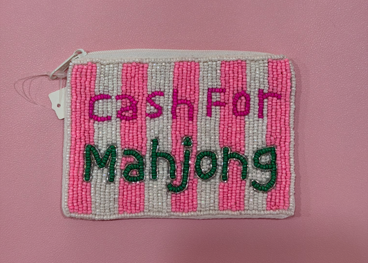 A small rectangular zippered pouch with pink and white vertical stripes, featuring the embroidered text 'cash FOR Mahjong' in pink and green on a pink background.