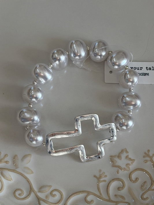 Faux silver pearl with cross bracelet