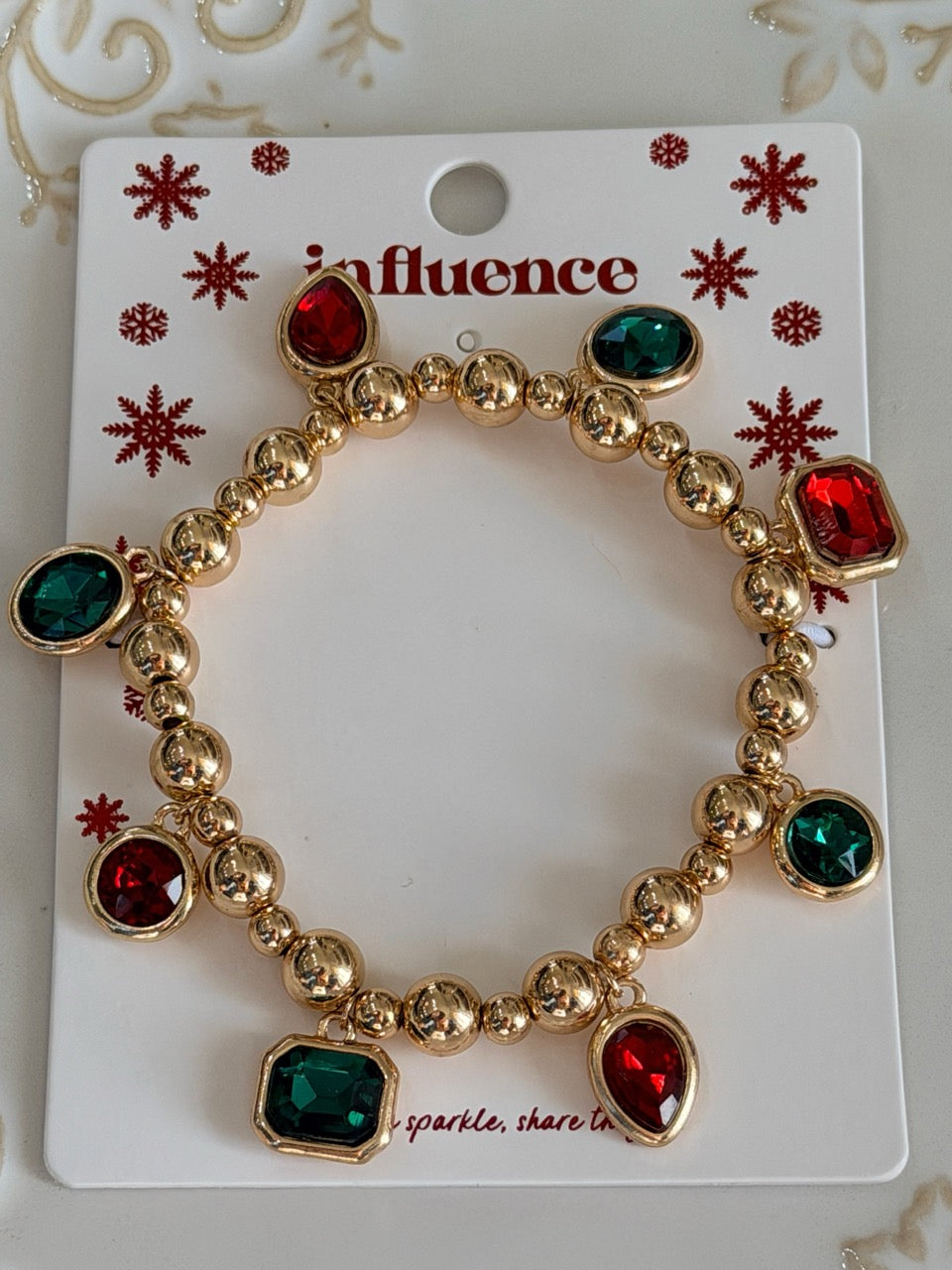 Gold beaded Christmas bracelet with large chunky stones