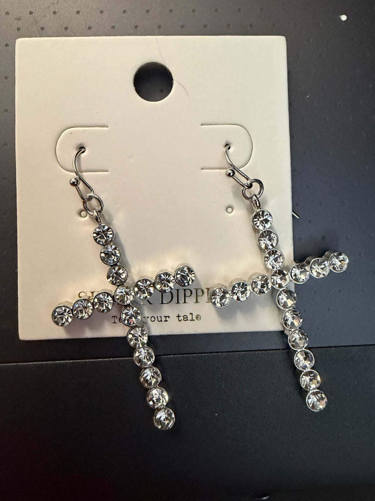 Large faux-diamond gold dipped cross earrings