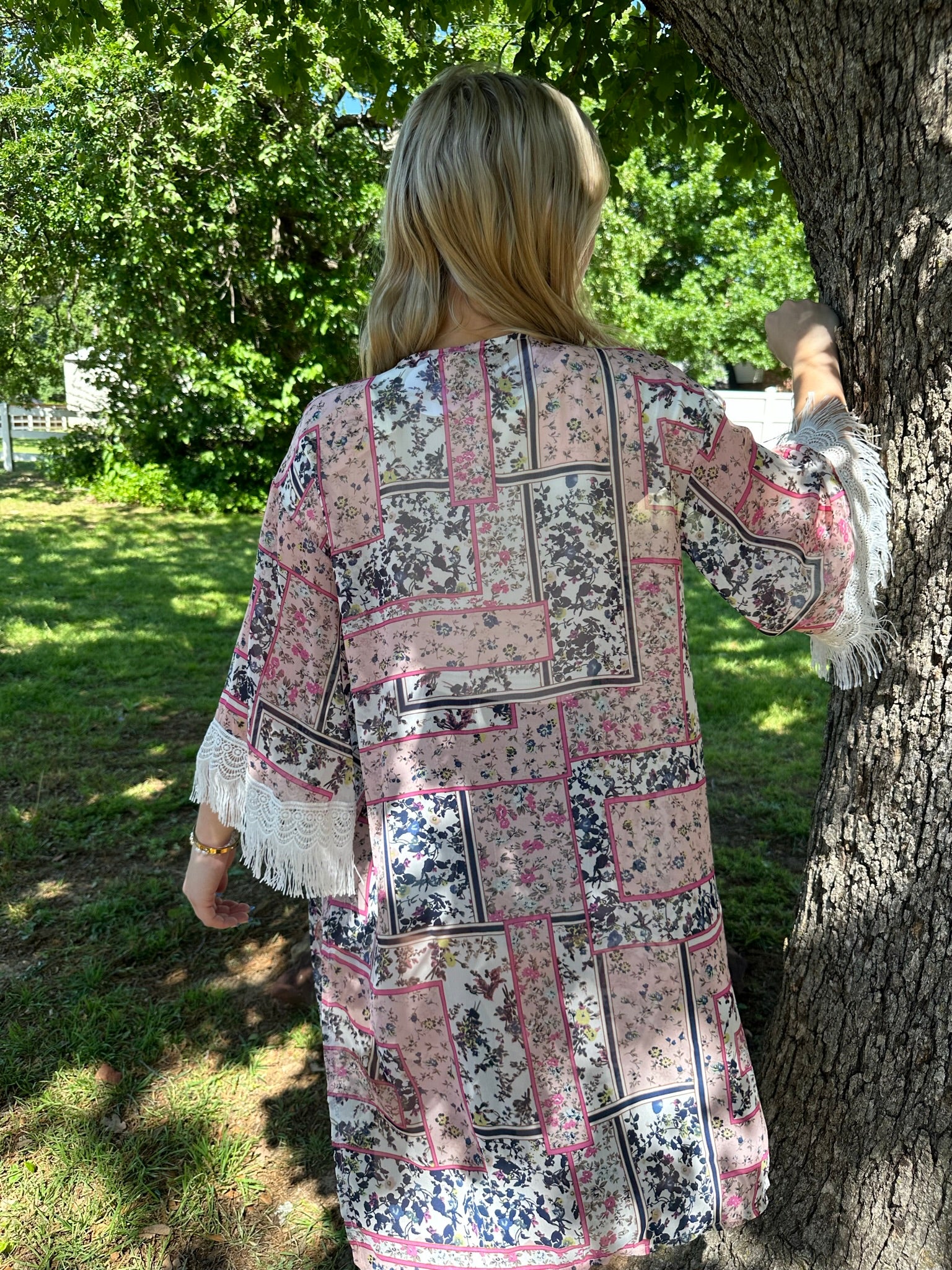 Southern Grace floral kimono with 3/4 length fringe lace sleeves Kimono Southern Grace   