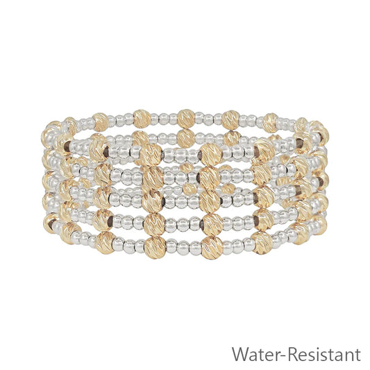 Water Resistant Silver 3mm Beaded Set of 5 Stretch Bracelets with Gold Accent Bead