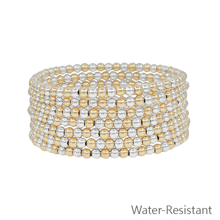 Water Resistant Set of 7 Gold and Silver Beaded Stretch Bracelets