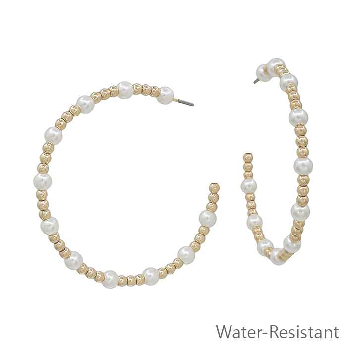 Water Resistant Gold and Pearl 2" 4MM and 2MM Beaded Hoop Earring