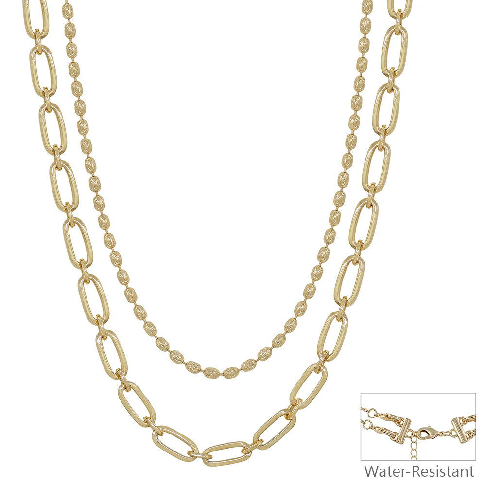 Water Resistant Gold Double Layered Oval and Flat Chain 16"-18" Necklace with Gold Stud Earrings