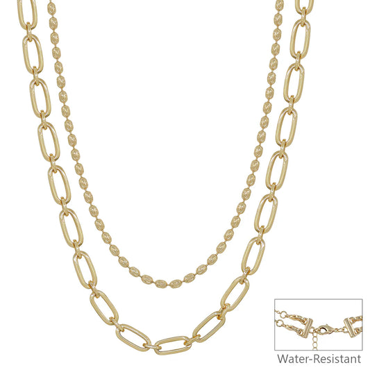 Water Resistant Gold Double Layered Oval and Flat Chain 16"-18" Necklace with Gold Stud Earrings