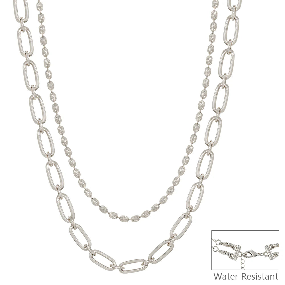 Water Resistant Silver Double Layered Oval and Flat Chain 16"-18" Necklace with Silver Stud Earrings