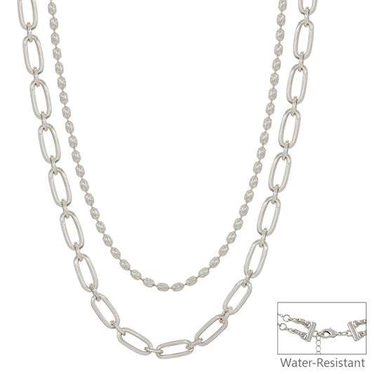 Water Resistant Silver Double Layered Oval and Flat Chain 16"-18" Necklace with Silver Stud Earrings