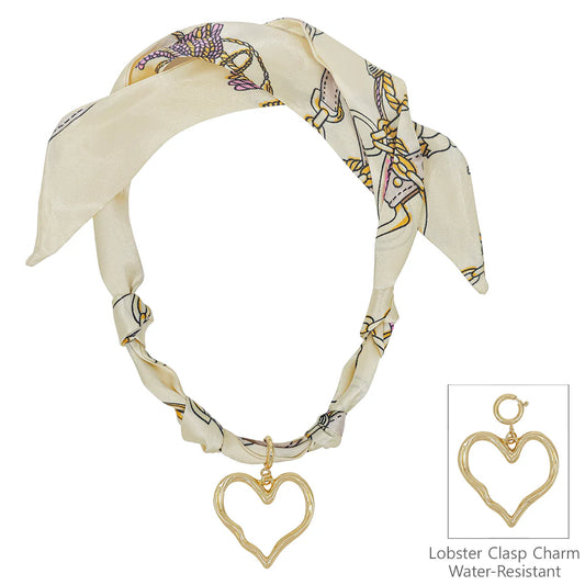 Cream/Neutral Knotted Scarf Necklace with Hammered 1.5" Open Heart Charm AND gold-stud earrings, VERY POPULAR!
