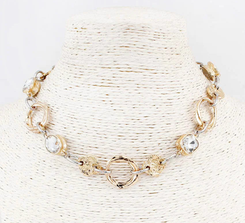 Gold and Silver Two Tone Textured Necklace with Clear Stone 16"-18" Necklace