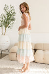 2-Tone Smocked Bodice Ruffle Sleeve Tiered Midi Dress