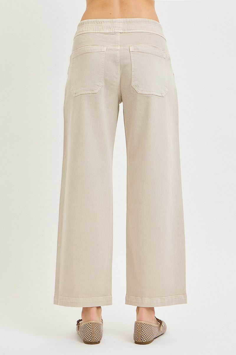 Elastic band slouchy cropped baggy jeans with patch pockets