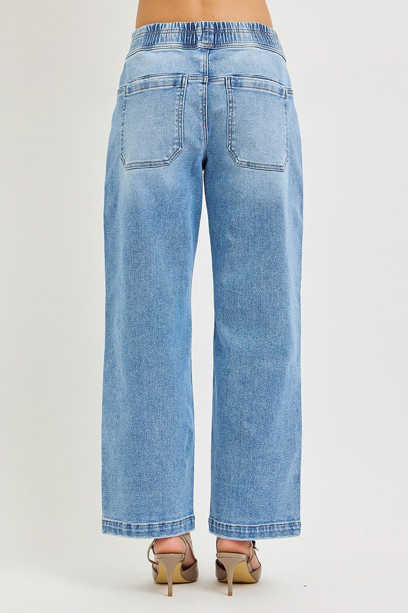 Elastic band slouchy cropped baggy jeans with patch pockets