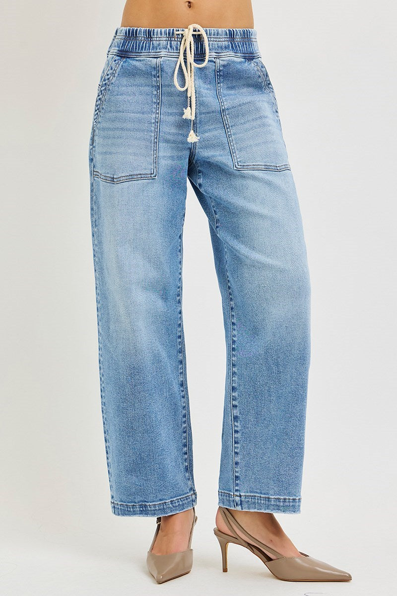 Elastic band slouchy cropped baggy jeans with patch pockets