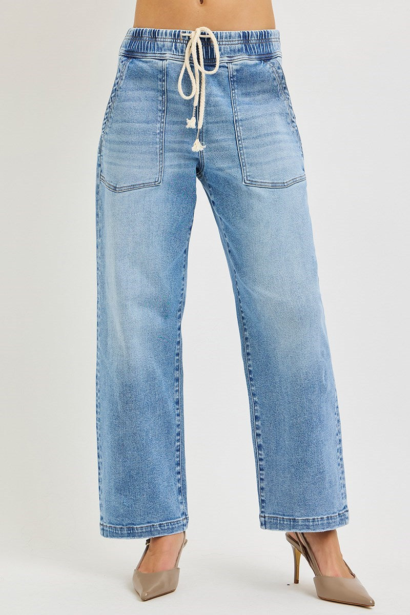 Elastic band slouchy cropped baggy jeans with patch pockets