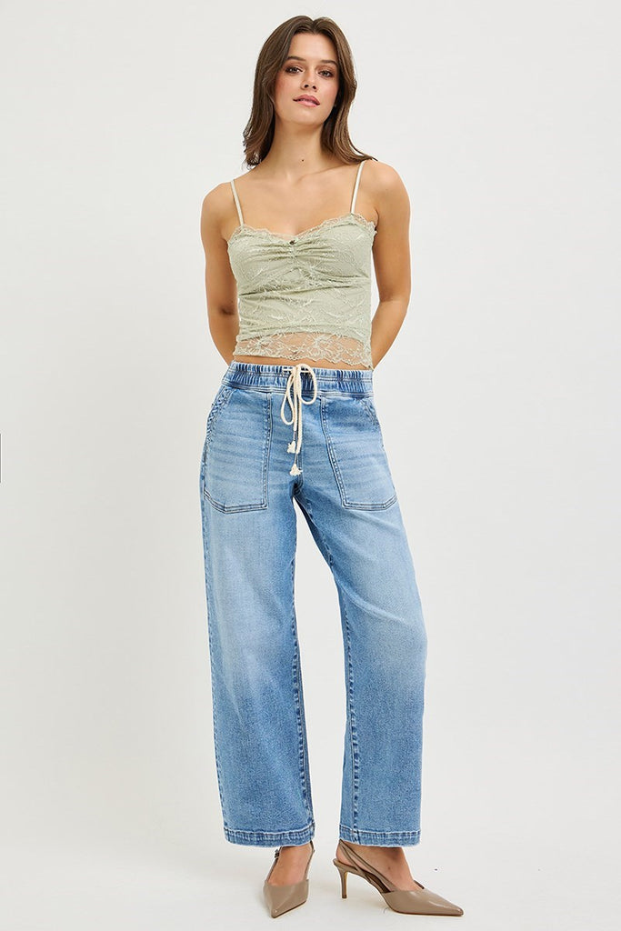 Elastic band slouchy cropped baggy jeans with patch pockets