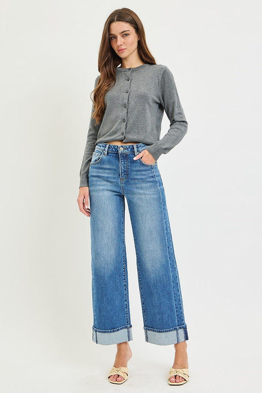 Risen slouchy crop wide leg cuffed jeans
