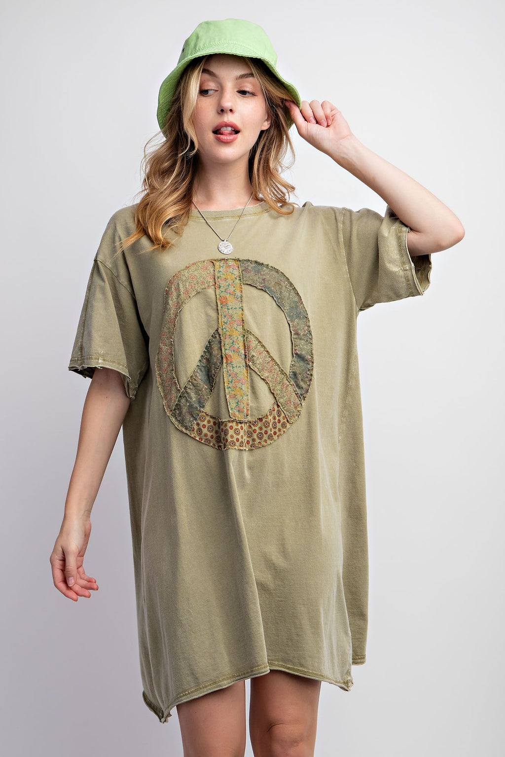 Peace patch washed cotton jersey tunic dress Tunic dress Easel Faded Olive Small 