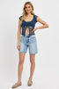 Risen tummy control high rise mid length raw cut hem shorts