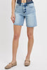 Risen tummy control high rise mid length raw cut hem shorts