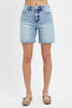Risen tummy control high rise mid length raw cut hem shorts