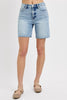 Risen tummy control high rise mid length raw cut hem shorts